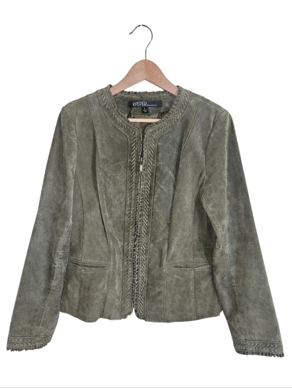 Vintage Kasper Olive Green Suede Braided-Trim Zip-Up  Jacket Size L